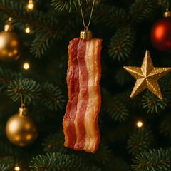 Christmas ornament shaped like bacon hanging from a Christmas tree against a festive background with colorful decorations Generative AI