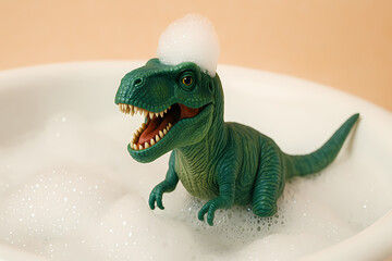Dinosaurs enjoying a bubble bath in a playful setting with soft colors and cheerful atmosphere Generative AI