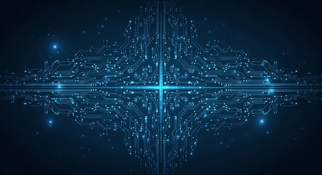 Futuristic Digital Network with Glowing Blue Core and Data Streams.