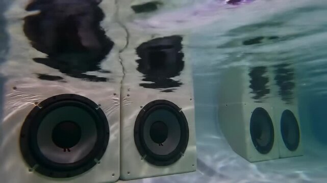 Underwater view of floating audio speakers in swimming pool with water reflections. Entertainment, swimming pool, music, speakers concept.