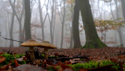 Fototapeta premium Misty Forest Floor: Two Toadstools Amidst Autumn Leaves and Moss