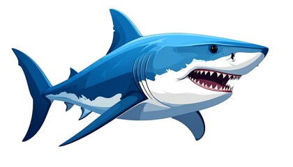 A vibrant, detailed illustration portrays a powerful great white shark in a bold, dynamic pose against a plain white background.