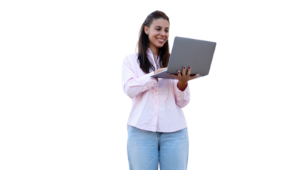 Professional businesswoman working confidently on laptop, smiling with corporate success in clean workspace