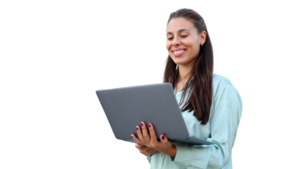 Professional female working on laptop, transparent png background, blending seamlessly into graphic layouts