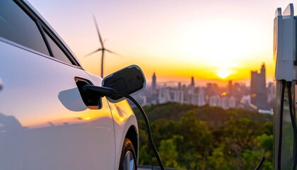 Powering the Future: Electric Vehicle Charging at a Scenic Sunset Overlook with Wind Turbine.