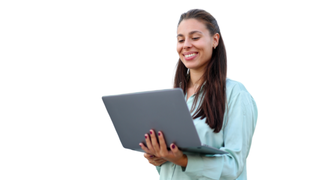 Professional female working on laptop, transparent png background, blending seamlessly into graphic layouts