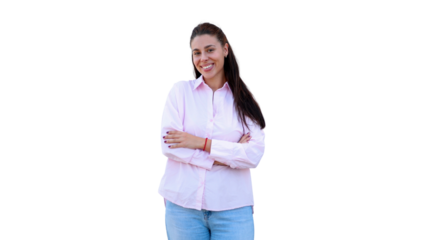 Professional businesswoman standing confidently, arms crossed, radiating success against clean transparent backdrop