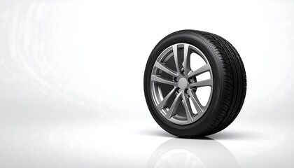 Obraz premium Sleek automotive tire with a modern silver rim on a minimalist white backdrop evokes motion and
