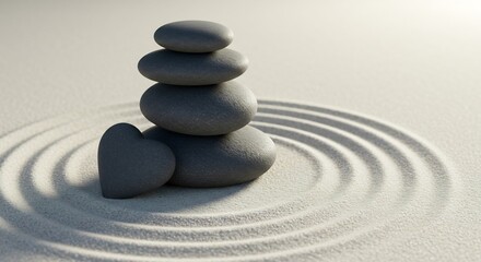 A Hearts Serenity - Balanced Stone Cairn and Heart on Raked Concentric Sand Circles.