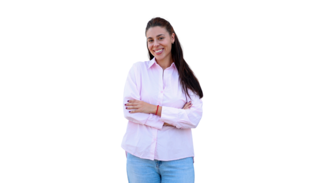 Professional businesswoman standing confidently, arms crossed, radiating success against clean transparent backdrop