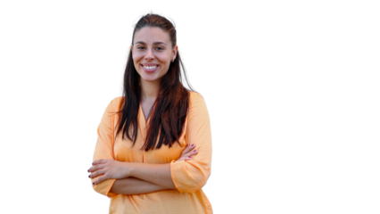 Professional businesswoman smiling confidently, standing with crossed arms in studio setting against transparent background
