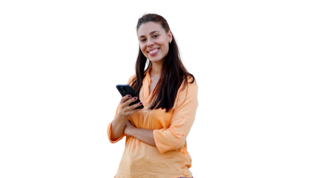 Smiling female professional gripping mobile phone, transparent backdrop enabling seamless graphic design integration