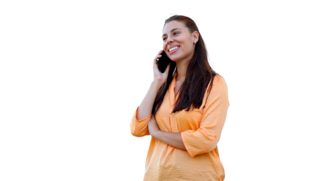 Cheerful businesswoman is making a phone call and smiling with transparent background, perfect for easy integration into any design project
