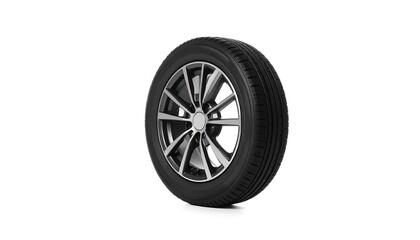 Obraz premium Sleek car tire with modern alloy rim design on a pristine white backdrop displaying precision and