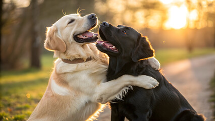 Two happy dogs hugging each other in a spontaneous moment of pure joy, their paws gently draped over one another, faces nuzzling with tails wagging mid-swing