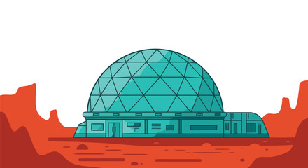 Obraz premium Stylized vector illustration of a sci-fi dome habitat on Mars landscape