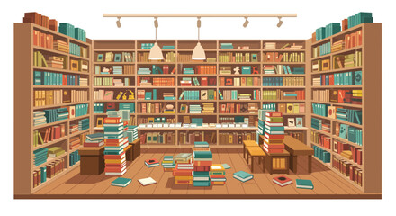 Cozy bookstore interior with packed shelves and scattered books illustration