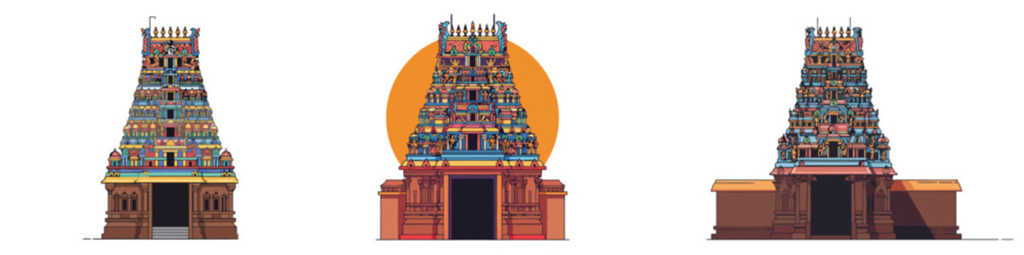 Stylized flat vector illustrations of a vibrant Hindu temple with ornate towers