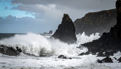 Powerful waves crash against dark volcanic rocks, creating a dramatic coastal scene.