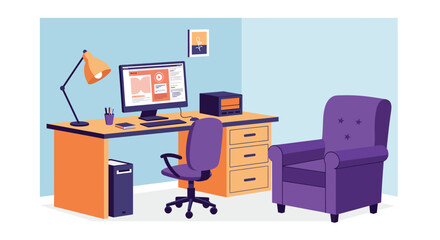 Stylized flat vector illustration of a home office workspace for remote work
