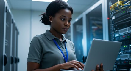 Focused Black Female IT Specialist Diagnosing Servers with Laptop in a Blue-Lit Data Center.