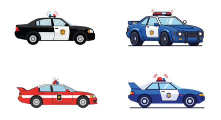 Naklejka premium Collection of Police Patrol Cars in Cartoon Style on a Clean Background