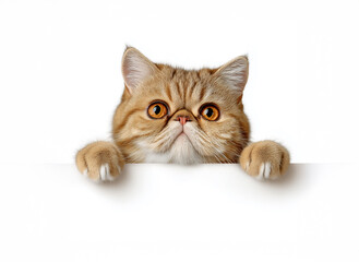 Cute Exotic Shorthair Cat Looking Over White Background