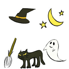 Cute Halloween Illustration Set with Black Cat and Ghost
