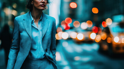 Business professional walking in city with blurred traffic lights at dusk