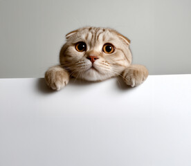 Cute Cat with Big Eyes Peeking Over White Surface