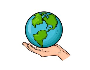 Hand holding a stylized Earth globe