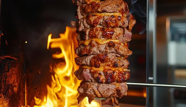 Rotating meat with flames, juicy shawarma cooking process in Turkish Kebab