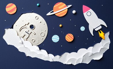 A whimsical paper cutout space scene shows a rocket launching, surrounded by colorful planets, a textured moon, and an astronaut.