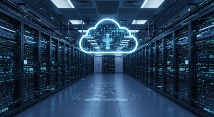 A server room with rows of servers and a glowing cloud with a plus sign above the server racks center