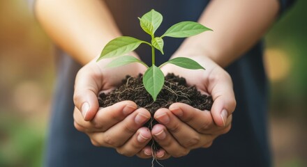 Nurturing new life, hands cradle a vibrant green seedling with rich soil and visible roots.