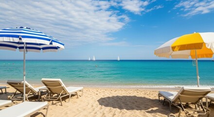 Fototapeta premium Relaxing beach scene with lounge chairs, umbrellas, and sailboats on a clear blue day