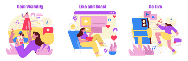 Social Media Engagement and Live Streaming Vector Illustration