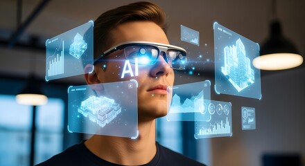 Man wearing augmented reality glasses and engaging with holographic interface. 