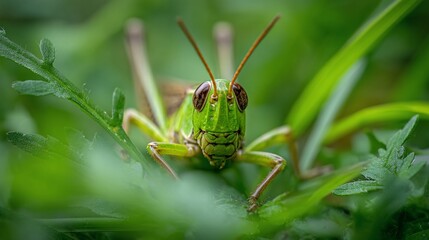 Fototapeta premium Green grasshopper, front view, sitting in lush grass