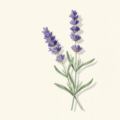 botanical watercolor, a sprig of Lavender leaves on the right, detailed needle-like leaves, on a textured cream-colored paper background, subtle shadow, aromatic herb, rustic kitchen style