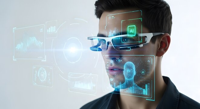 A man wearing futuristic augmented reality glasses, surrounded by digital interfaces.