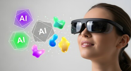 A woman wearing futuristic glasses, with AI related icons surrounding her. 