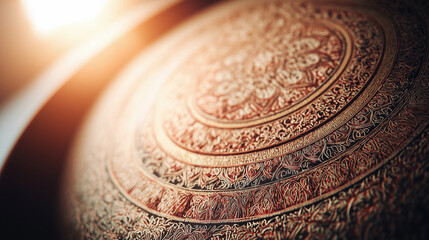 Intricate craftsmanship of a hand-carved decorative plate captured in warm light