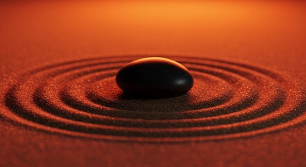 Meditative Harmony - A Single Black Stone Creating Ripples in a Glowing Orange Zen Sand Garden.