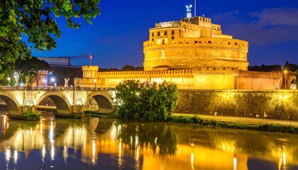 Illuminated Castel SantAngelo and Ponte SantAngelo over Tiber River at Dusk, Rome.