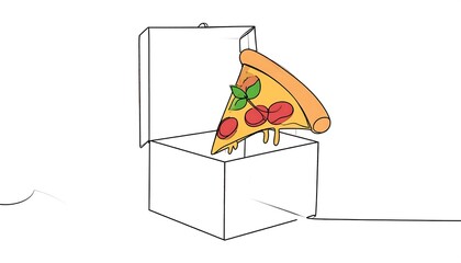 A single-line drawing showcases a delicious pizza slice emerging from an open box, highlighting a simple, appetizing scene.