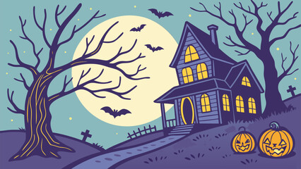 Haunted House with Pumpkins and Full Moon – Halloween Vector Illustration