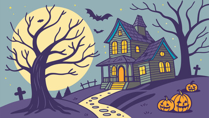 Haunted House with Pumpkins – Spooky Halloween Night Scene with Bats and Full Moon