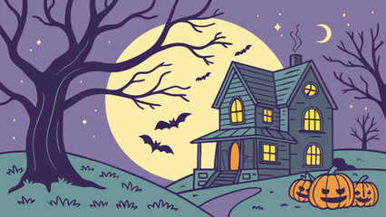 Haunted House with Pumpkins – Spooky Halloween Night Scene with Bats and Full Moon