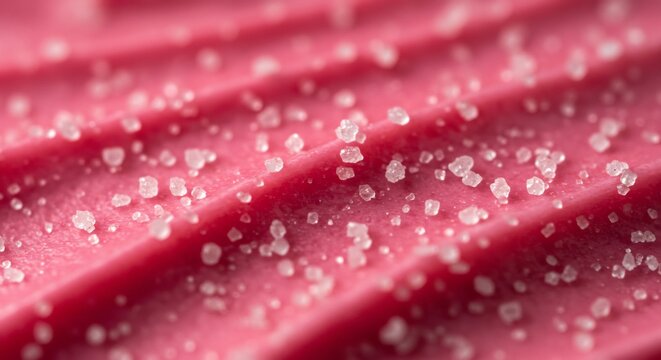 Tantalizing Macro View of Sparkling Sugar Crystals on a Wavy Pink Sour Candy Strip.
